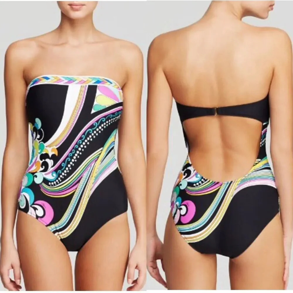 Trina Turk BIG SUR Bandeau One-Piece Swimsuit Size 4 Psychedelic Print Beach